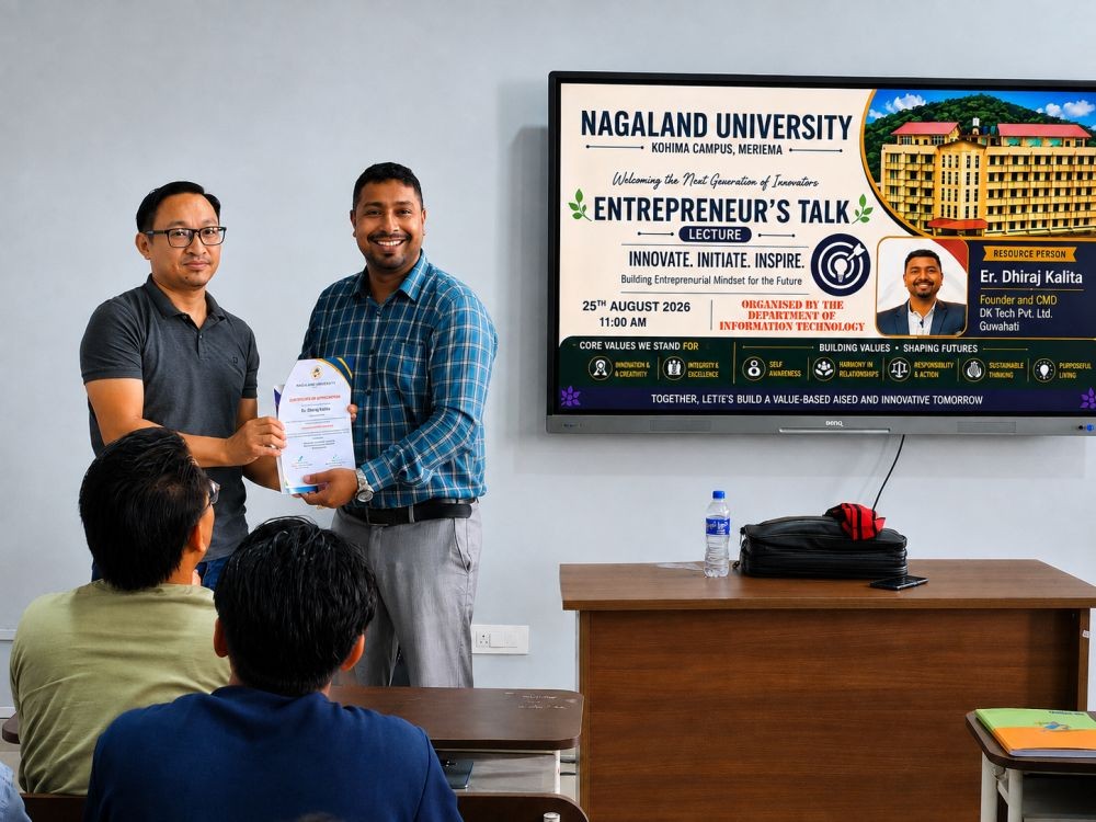 Assistant Professor Er. Shanchamo Yanthan (standing left) handing over a Certificate of Appreciation to resource person Er. Dhiraj Kalita during the talk on entrepreneurship organized by the Department of Information Technology, Nagaland University.